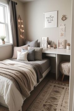 a bedroom with a bed, desk and window