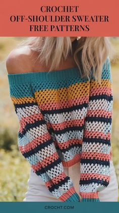 the crochet off - shoulder sweater is shown with text overlay that reads, free