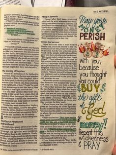 an open bible with the words may you be perish written in green and red