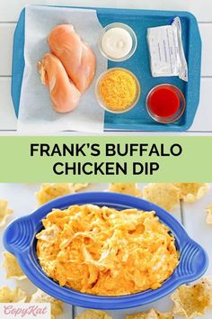 the ingredients for this buffalo dip are shown in two separate pictures, including chicken and ranch dressing