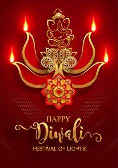 happy diwali festival of lights on red background with gold lettering and decorative elements