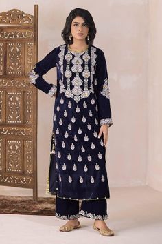 Blue velvet straight cut kurta with multicolored thread and gold zari embroidery, highlighted with metal sequins and tassels. Comes with pant. - Aza Fashions Zari Embroidery, Straight Kurta, Velvet Color, Pants Pattern, Pant Set, Blue Velvet, Set For Women, Straight Cut, Aza Fashion