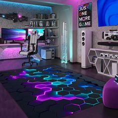 a living room with purple and blue lights on the floor, television set in background