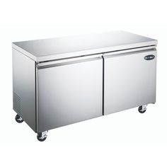 the two door refrigerator is stainless steel and has wheels on both sides that are closed