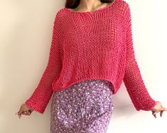 "Pink loose  cotton top Color on the photo : PINK Size on the photo: M ✔️55 % cotton  ✔️45 % acrylic  PRE-ORDER READY TO SHIP sweaters there: https://www.etsy.com/shop/TianashopUa?section_id=27482280 This sweater has  a loose weave, it may stretch, therefore the size measurement various.   Dimensions for XS size: Length - 44 cm. / 14.9\" Width - 48-53 cm. / 18.9\"-20.8\" Sleeve lenght - 62-65cm. /24.4\"-25.5\" Sleeve girth- 28cm. / 11\" Weight - 0.19 kg. /6.7oz Dimensions for S size: Length - 44 cm. / 14.9\" Width - 50-55 cm. / 19.6\"-21.6\" Sleeve length - 62-65cm. /24.4\"-25.5\" Sleeve girth  - 28 cm. / 11\" Weight - 0.19 kg. /6.7oz Dimensions for M size: Length - 45 cm. / 17.7\" Width - 54-58 cm. / 21.2\"-22.8\" Sleeve lenght - 68-70 cm. /26.7\"-27.5\" Sleeve girth- 30 cm. / 11.8\" Weig Spring Beach Sweater In Chunky Knit, Spring Chunky Knit Beach Sweater, Spring Chunky Knit Sweater For Beach, Chunky Knit Sweater For Spring Beach Outings, Knit Beach Sweater For Spring, Knit Fabrication Sweater For Beach In Spring, Knit Sweater For Spring Beach Outings, Knit Sweater For Beach In Spring, One Size Summer Sweater For A Day Out