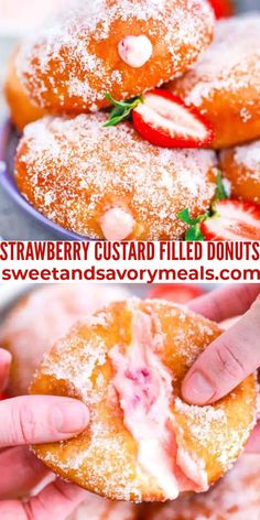 strawberry custard filled donuts with powdered sugar and strawberries