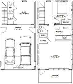 the floor plan for a two story house with an attached garage and living room area