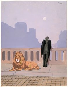 a painting of a man standing next to a lion laying on the ground in front of a cityscape