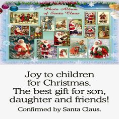 a christmas card with pictures of santa claus and other holiday items on it's side