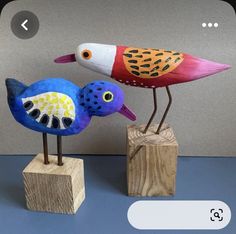 two colorful birds sitting on top of wooden blocks next to each other and one is painted with different colors