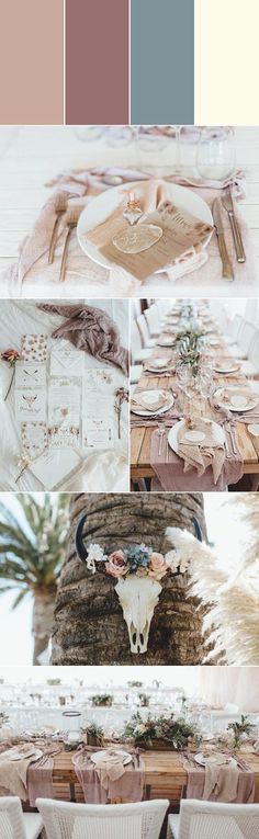 a collage of different tables and chairs with pink, white and blue accents on them