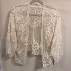 Xhilaration Nwt Beautiful Embroidered Jacket Size Medium/Large Face Is 100% Nylon Embroidery Is 100% Cotton Very Pretty Spring White Lace Outerwear, White Lace Outerwear For Spring, Embroidered Cream Outerwear For Summer, Cream Embroidered Summer Outerwear, Summer Cream Embroidered Outerwear, Embroidered Lace Long Sleeve Outerwear, Clothes For Women Over 50, Large Face, Embroidered Jacket