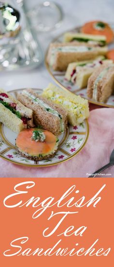 an english tea sandwich on a plate with the words english tea sandwiches in front of it