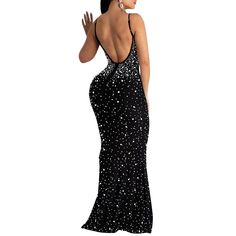 Black Rhinestone Open Back Mermaid Maxi Dress Glamorous Black Mermaid Dress With Sequins, Rhinestone Mermaid Dress For Prom Season, Glamorous Mermaid Dress For Party, Mermaid Dress With Rhinestones For Prom Season, Rhinestone Mermaid Hem Prom Dress, Rhinestone Mermaid Hem Dress For Prom, Elegant Black Embellished Mermaid Dress, Black Glamorous Mermaid Dress For Party Season, Black Sequined Mermaid Dress For Night Out