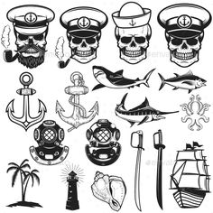 the marine and sea life symbols in black and white, with an anchor, skull, ship