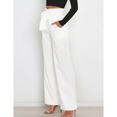 White Bowknot High Waist Wide Leg Pants White Belted Wide Leg Bottoms, White Belted Wide-leg Bottoms, White Wide Leg Belted Pants, White Belted High-waisted Pants, White Belted Wide Leg Pants, High Waist White Belted Pants, White High Waist Belted Pants, White High-waist Belted Pants, White Belted Pants For Spring