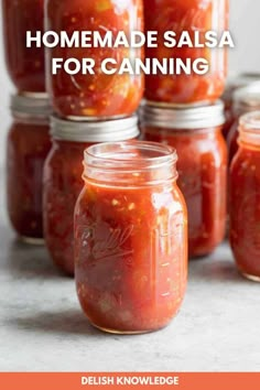 homemade salsa for canning in mason jars with text overlay that reads homemade salsa for canning