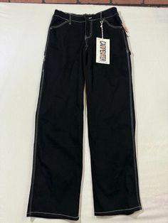 YMI Carpenter Pants Womens Size 5/27 Black Stretch Soft Material Black Bottoms With Contrast Stitching, Black Trousers With Contrast Stitching, High Waist Pants With Contrast Stitching For Streetwear, High-waist Pants With Contrast Stitching For Streetwear, Black Wide Leg Pants With Contrast Stitching, Black Pants With Contrast Stitching, Black Straight Leg Bottoms With Contrast Stitching, Black Straight Leg Cargo Pants With Contrast Stitching, Black Mid-rise Cotton Work Pants