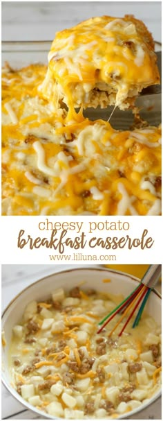 cheesy potato breakfast casserole in a white dish