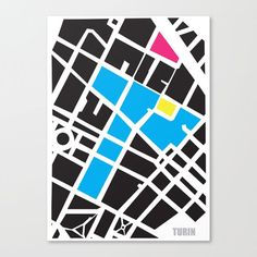 a black and white poster with blue, yellow, pink, and orange shapes on it