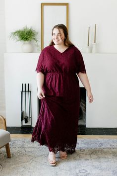 The 'Odessa' is a combination of elegance, comfort, and style that will steal the show! We love the rich shade of burgundy, delicate lace overlay, modest v neckline, and the scalloped eyelash hem on this beautiful piece. The elastic waist and keyhole closure allow for ease of styling and a flattering fit. This lace dress is fully lined and requires no layering, creating a look that is both effortless and timeless! The burgundy color will shine at any special occasion or photoshoot! Exclusively d Homemade Dress, Shades Of Burgundy, Lace Maxi, Lace Maxi Dress, Odessa, Burgundy Color, Lace Overlay