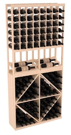 a wooden wine rack filled with lots of bottles