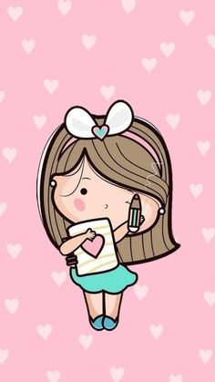 a cartoon girl with a heart on her chest holding a cell phone in her hand