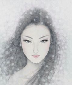 a drawing of a woman's face with long hair and blue eyes in the snow