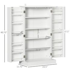 an open white cabinet with shelves on both sides and measurements for each shelf in front