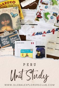 a pile of books and papers with the title peru unit study