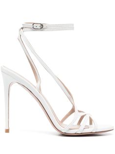 white leather strap detailing open toe buckle-fastening ankle strap branded heel counter high stiletto heel White Strap High Heel Sandals, White High Heel Strap Sandals, White High Heel Sandals With Strap, Designer White Heels With Single Toe Strap, Elegant White Sandals With Buckle Closure, White Strappy Sandals With Heel Strap, Modern White Strappy Sandals, Designer White Heels With Heel Loop, Elegant White Strappy Sandals