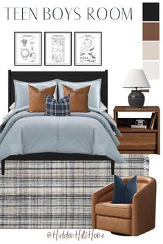 Boys bedroom design board with blue, brown and black tones throughout Navy Grey And Brown Bedroom, Blue Black Bedroom Ideas, Vintage Teen Boy Bedroom, Young Men’s Bedroom Ideas, Boys Bedroom Ideas Teenagers, Young Man Room Ideas, Boys Bedding Ideas, Teen Boy Bed