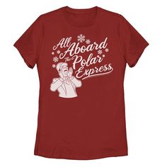 a women's red t - shirt that says, all aboard the polar express