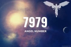 an angel number with the words 7979 written on it in front of a space background