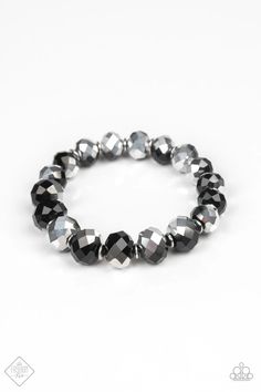 Paparazzi Beautifully Bewitching - Black Hematite and Gunmetal Faceted Bead Stretchy Bracelet - Fashion Fix Exclusive Faceted hematite and black crystal-like gems are threaded along a stretchy band, gradually increasing in size near the center for a dramatic finish. Sold as one individual bracelet. P9RE-BKXX-220HN Trendy Fringe, Purple Gems, Gems Bracelet, Black Bracelet, Fashionable Jewelry, Heart Frame, Ball Necklace, Black Bracelets, Paparazzi Accessories