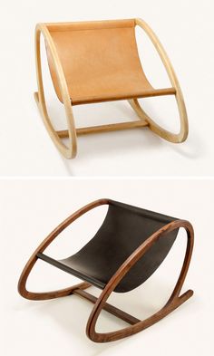 two different types of rocking chairs, one black and the other light brown in color