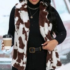 Plus Sz Cow Pattern Teddy Vest Coat 95% Polyester 5% Elastane Cow Jacket, Chaleco Casual, Plus Size Coats, Fall Clothes, Vest Coat, Cow Pattern, Plus Size Kleidung, Coffee Brown, White Embroidery