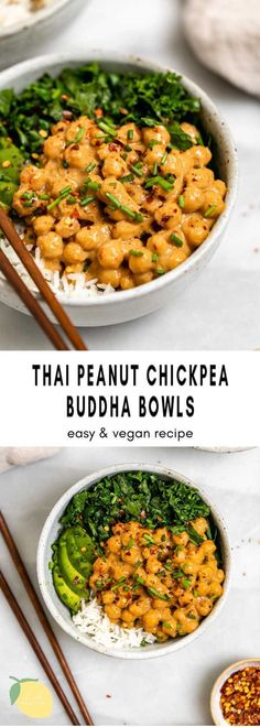 thai peanut chickpea buddha bowls with chopsticks on the side and rice in a bowl