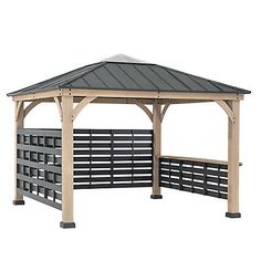 a wooden gazebo with metal roof on white background