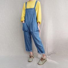 Women Loose Fitting Cotton Jumpsuits Denim Overalls Wide Leg Pants Comfortable Dungarees Leisure Bib Baggy Blue Straight Leg Overalls, Blue Baggy Straight Leg Overalls, High Waist Denim Blue Overalls With Pockets, Casual Bib Front Denim Bottoms, Casual Bib Front Denim Blue Bottoms, Casual Denim Blue Bib Front Bottoms, Blue Cotton Straight Leg Jumpsuits And Rompers, Medium Wash Wide Leg Cotton Overalls, Wide Leg Blue Cotton Overalls