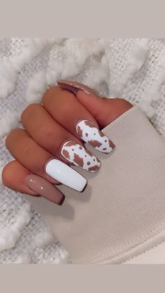 White Nails Animal Print, Cute Cowprint Nail Designs, Coffin Acrylic Nails Cow Print, Yellow And Cow Print Nails, Cow Print Fake Nails, Cute Cow Print Nail Ideas, Orange And Cow Print Nails, Gel Nail Designs Cow Print, Dip Powder Nails Cow Print