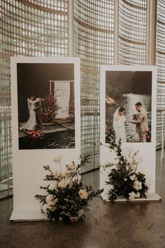 two pictures are on display with flowers and greenery in front of the couple's wedding photos