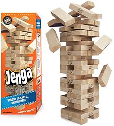 a stack of wooden blocks next to an unopened box of jegga cubes