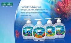 an advertisement for palmolive aquariums with fish and corals in the background