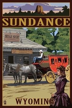 an old fashioned advertisement for sundance with a woman standing in front of a horse drawn carriage