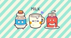 three cartoon characters are standing next to each other, one is holding a bottle and the other has a smiling face