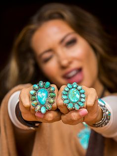 A beautiful mix of Royston, Piolet Mountain and Sonoran gold cluster rings! No words needed here to describe these amazing works of art. Big bold Royston NV turquoise, Native made for Brit West. Available in Green or Blue. On solid sterling silver. These look great with our cluster pendants, and when ordered together we make sure to match them. Pendants shown on our braided leather necklaces or 5 strand Navajo pearls! We can build these in bigger Mas Grande sizes as well. Contact us for pic of c Leather Necklaces, Braided Leather Necklace, Navajo Pearls, Cluster Rings, Cluster Pendant, No Words, Braided Leather, Leather Necklace, Works Of Art