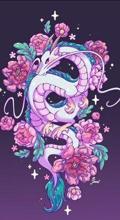 an image of a dragon with flowers on it's head and the words, i am