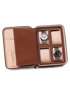 Saddle Leather 4-Watch Accessory Case Timeless Brown Watch For Travel, Brown Round Case Watch Accessories For Travel, Luxury Brown Travel Watch, Timeless Rectangular Watch Case, Brown Leather Strap Watch Accessories For Travel, Rectangular Brown Watch Accessories With Case, Formal Rectangular Watch Case Accessories, Rectangular Travel Watch With Case Included, Timeless Rectangular Watch For Travel