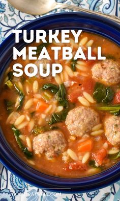 a bowl of turkey meatball soup with pasta and spinach